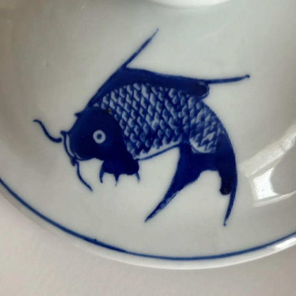 Chinese Koi Fish Serving Bowl With Lid Ceramic Blue White